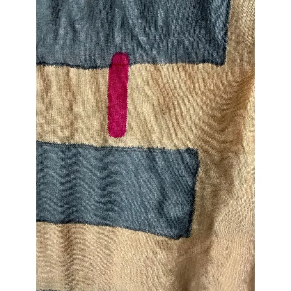 Gap NWT Tan Blue Geometric Scarf Wrap Pom Trim Cotton Blend Statement Festival